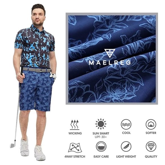 MAELREG Quick Dry 10'' Inseam Stretch Waist Flat Front Front Mens Shorts⛳ NEW!